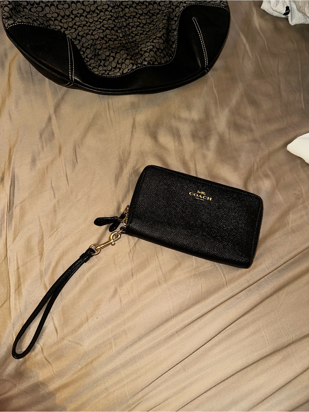 Coach Black Leather Wristlet with Gold Logo